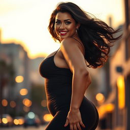 A beautiful, curvy woman with a voluptuous figure, exuding confidence and sensuality, wearing a skin-tight outfit that highlights her curves