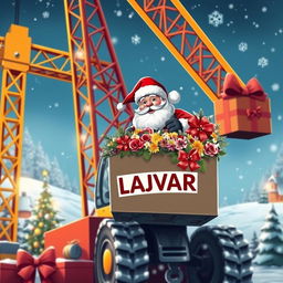 A bright and colorful scene featuring a large construction crane with Santa Claus operating it