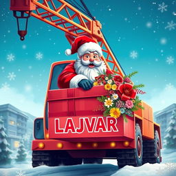 A bright and colorful scene featuring a large construction crane with Santa Claus operating it