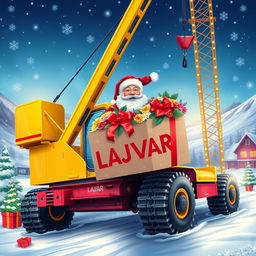 A bright and colorful scene featuring a large construction crane with Santa Claus operating it