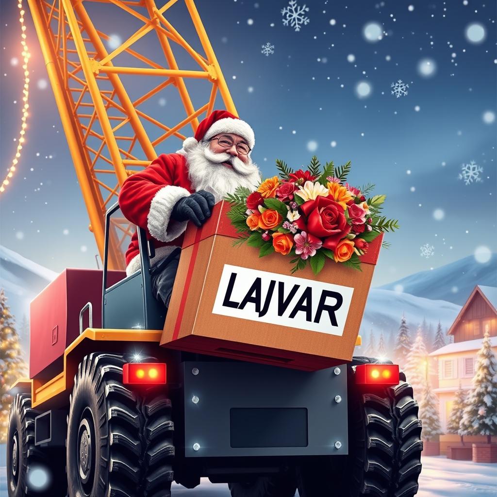 A bright and colorful scene featuring a large construction crane with Santa Claus operating it