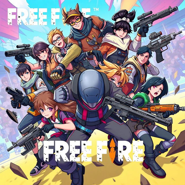 A vibrant, dynamic illustration featuring popular characters from the game Free Fire, showcasing their unique outfits and personalities