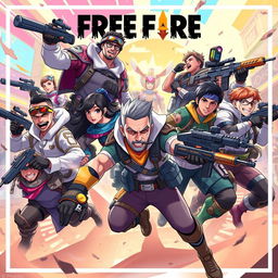 A vibrant, dynamic illustration featuring popular characters from the game Free Fire, showcasing their unique outfits and personalities