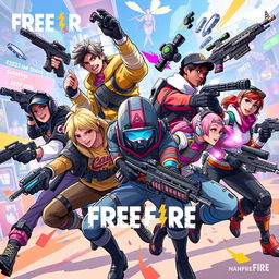 A vibrant, dynamic illustration featuring popular characters from the game Free Fire, showcasing their unique outfits and personalities