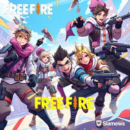 A vibrant, dynamic illustration featuring popular characters from the game Free Fire, showcasing their unique outfits and personalities