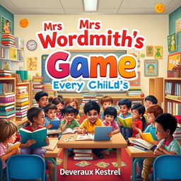 A vibrant, colorful classroom filled with diverse children of different ethnicities eagerly engaging in reading activities, surrounded by stacks of books, bright posters depicting characters and themes from popular children's literature, and playful game elements like cards and board games related to reading
