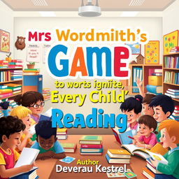 A vibrant, colorful classroom filled with diverse children of different ethnicities eagerly engaging in reading activities, surrounded by stacks of books, bright posters depicting characters and themes from popular children's literature, and playful game elements like cards and board games related to reading