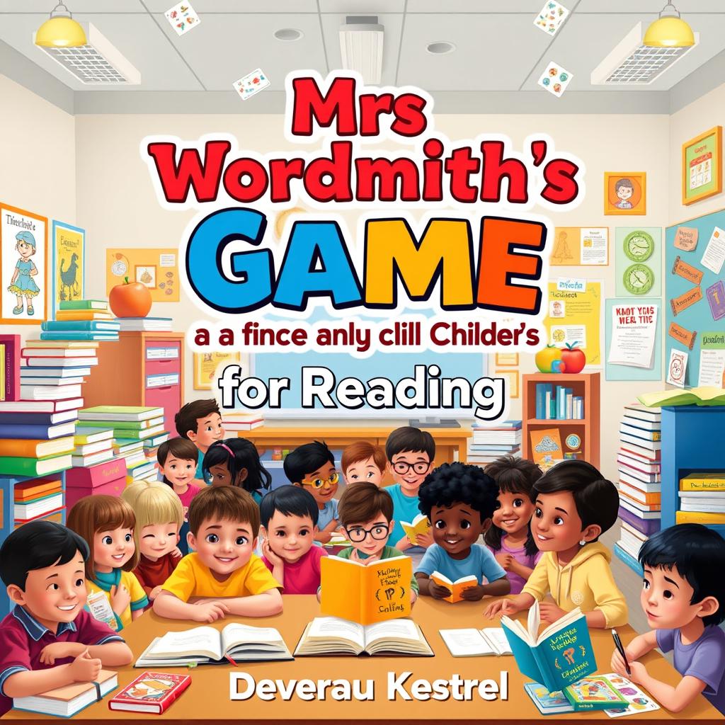 A vibrant, colorful classroom filled with diverse children of different ethnicities eagerly engaging in reading activities, surrounded by stacks of books, bright posters depicting characters and themes from popular children's literature, and playful game elements like cards and board games related to reading