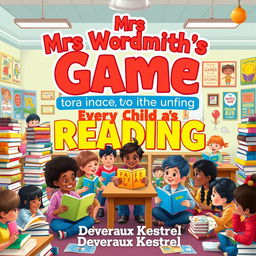 A vibrant, colorful classroom filled with diverse children of different ethnicities eagerly engaging in reading activities, surrounded by stacks of books, bright posters depicting characters and themes from popular children's literature, and playful game elements like cards and board games related to reading