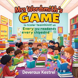 A vibrant and colorful classroom setting filled with children of diverse backgrounds, enthusiastically engaging in various reading activities