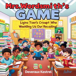 A vibrant and colorful classroom setting filled with children of diverse backgrounds, enthusiastically engaging in various reading activities