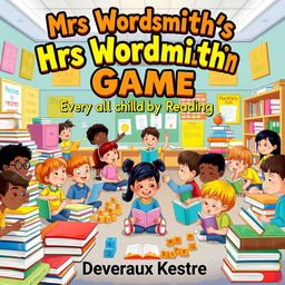 A vibrant and colorful classroom setting filled with children of diverse backgrounds, enthusiastically engaging in various reading activities