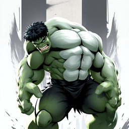 A stylized depiction of the Hulk with white color accents, showcasing a large muscular figure, fierce expression, and dynamic pose