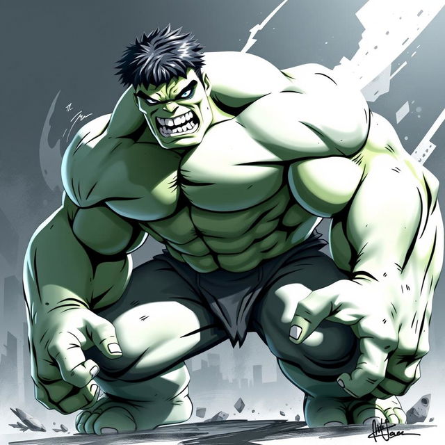 A stylized depiction of the Hulk with white color accents, showcasing a large muscular figure, fierce expression, and dynamic pose