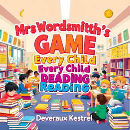 A vibrant, colorful classroom filled with children happily engaging in reading activities
