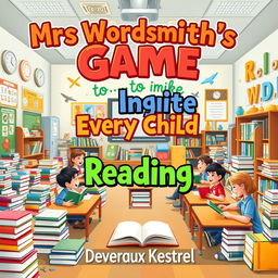 A vibrant, colorful classroom filled with children happily engaging in reading activities
