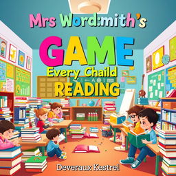 A vibrant, colorful classroom filled with children happily engaging in reading activities