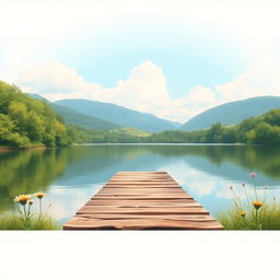 A serene lakeside scene for a book cover, featuring a calm lake surrounded by lush green trees and soft rolling hills in the background
