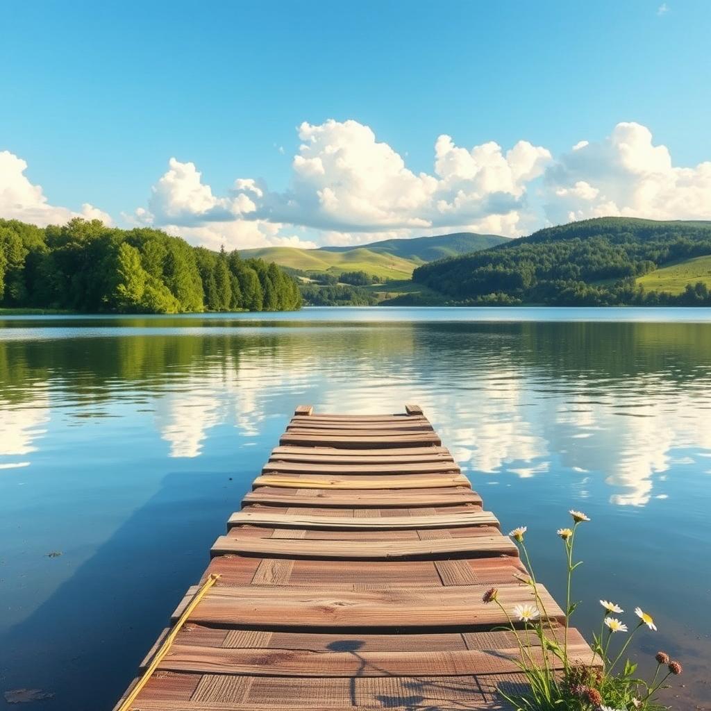 A serene lakeside scene for a book cover, featuring a calm lake surrounded by lush green trees and soft rolling hills in the background