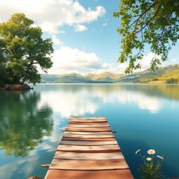 A serene lakeside scene for a book cover, featuring a calm lake surrounded by lush green trees and soft rolling hills in the background