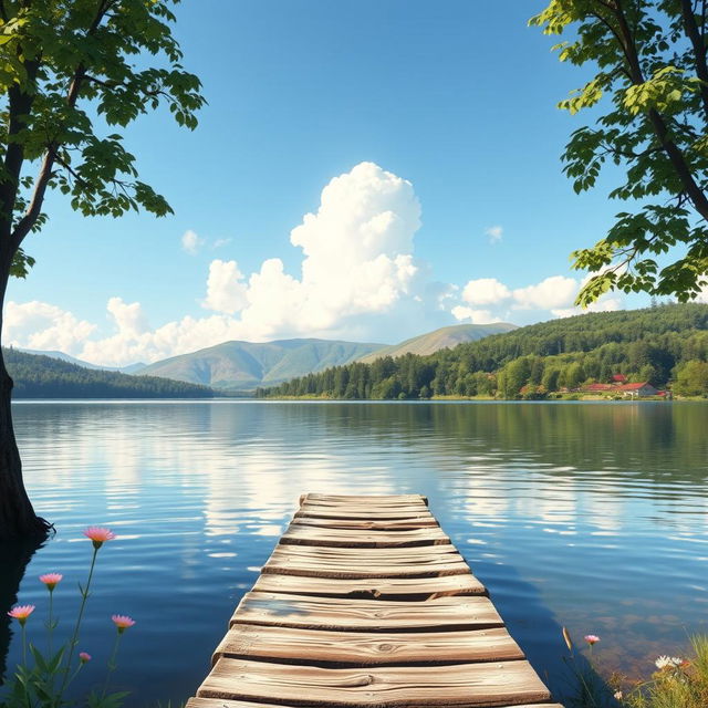 A serene lakeside scene for a book cover, featuring a calm lake surrounded by lush green trees and soft rolling hills in the background