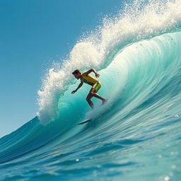 A dynamic action shot of a surfer skillfully riding a massive ocean wave, showcasing impressive athleticism and focus