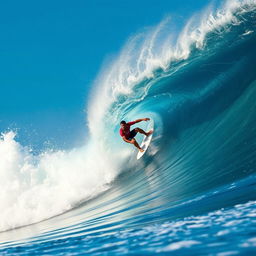 A dynamic action shot of a surfer skillfully riding a massive ocean wave, showcasing impressive athleticism and focus