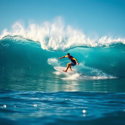 A dynamic action shot of a surfer skillfully riding a massive ocean wave, showcasing impressive athleticism and focus