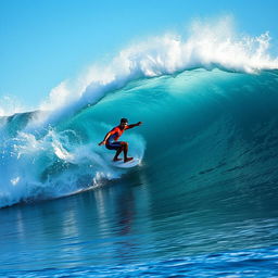A dynamic action shot of a surfer skillfully riding a massive ocean wave, showcasing impressive athleticism and focus