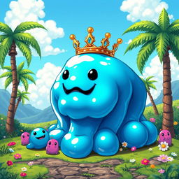 A vibrant and colorful depiction of the King Slime from Terraria, portrayed without a crown