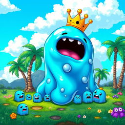 A vibrant and colorful depiction of the King Slime from Terraria, portrayed without a crown