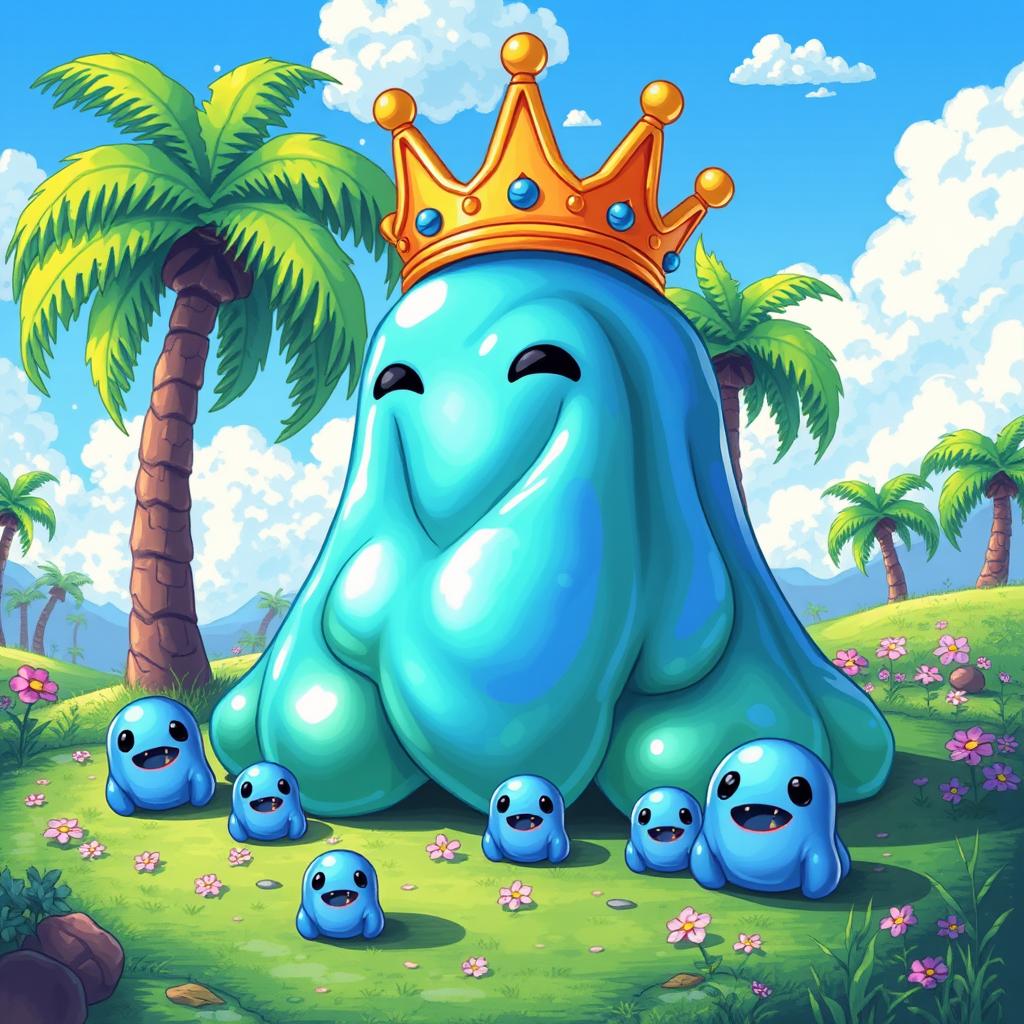 A vibrant and colorful depiction of the King Slime from Terraria, portrayed without a crown