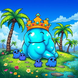 A vibrant and colorful depiction of the King Slime from Terraria, portrayed without a crown