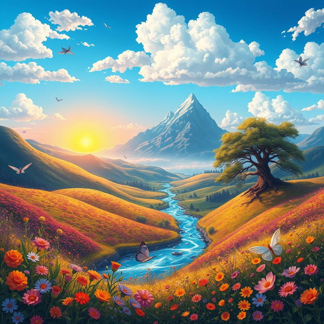 A stunningly detailed and vibrant illustration of a fantasy landscape, featuring rolling hills, a colorful sunrise, and a sparkling river flowing through the scene