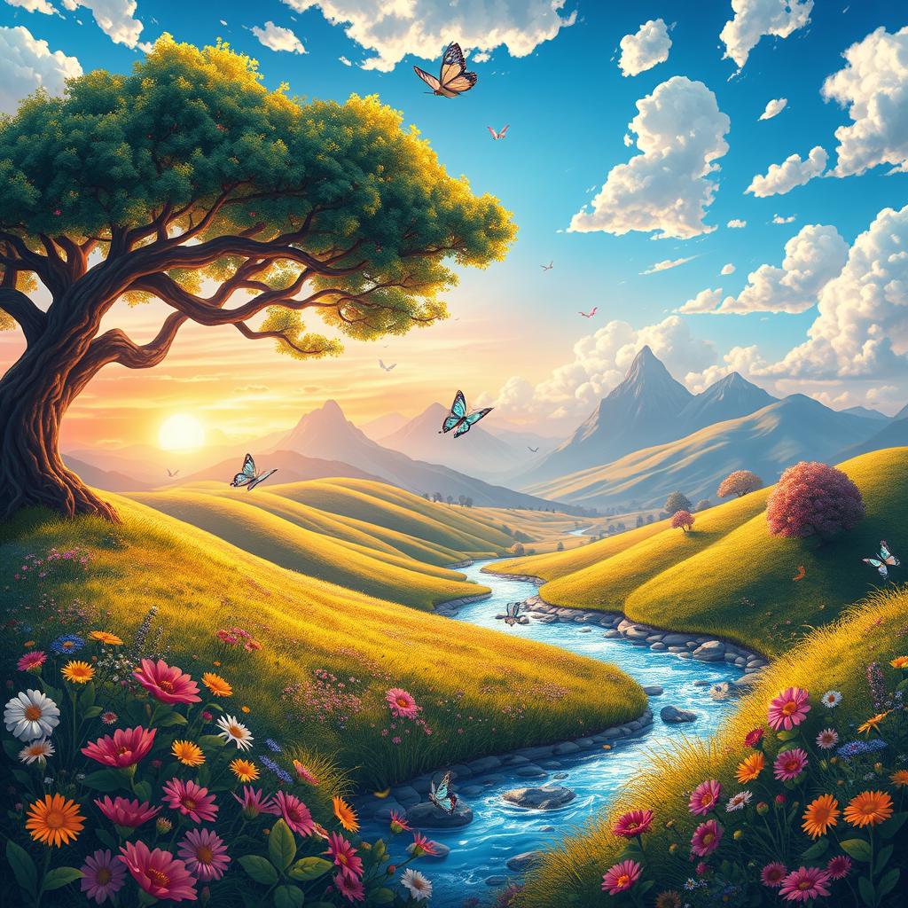 A stunningly detailed and vibrant illustration of a fantasy landscape, featuring rolling hills, a colorful sunrise, and a sparkling river flowing through the scene