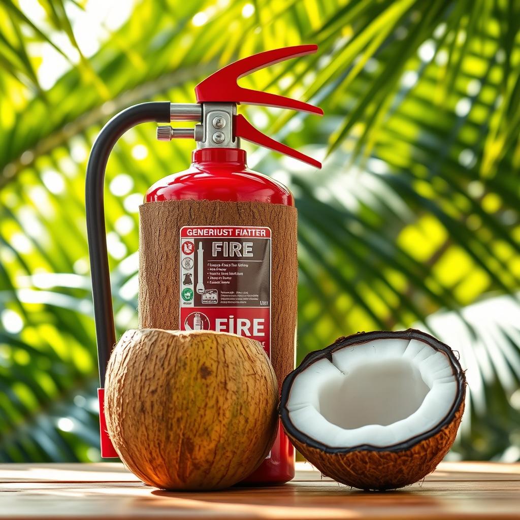 A whimsical scene featuring a fire extinguisher designed to resemble a coconut, standing prominently