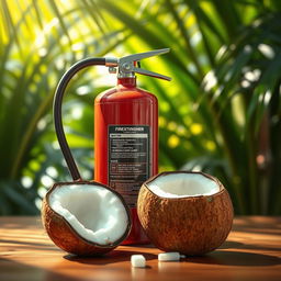A whimsical scene featuring a fire extinguisher designed to resemble a coconut, standing prominently
