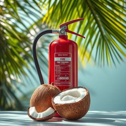 A whimsical scene featuring a fire extinguisher designed to resemble a coconut, standing prominently