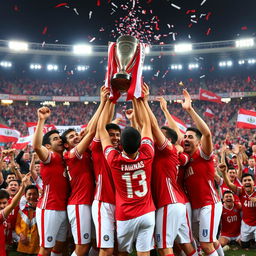 A grand, celebratory scene depicting the winning team of Persepolis Football Club lifting their championship trophy high in the air