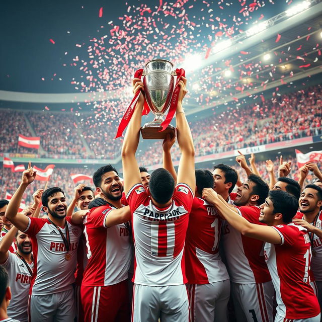 A grand, celebratory scene depicting the winning team of Persepolis Football Club lifting their championship trophy high in the air