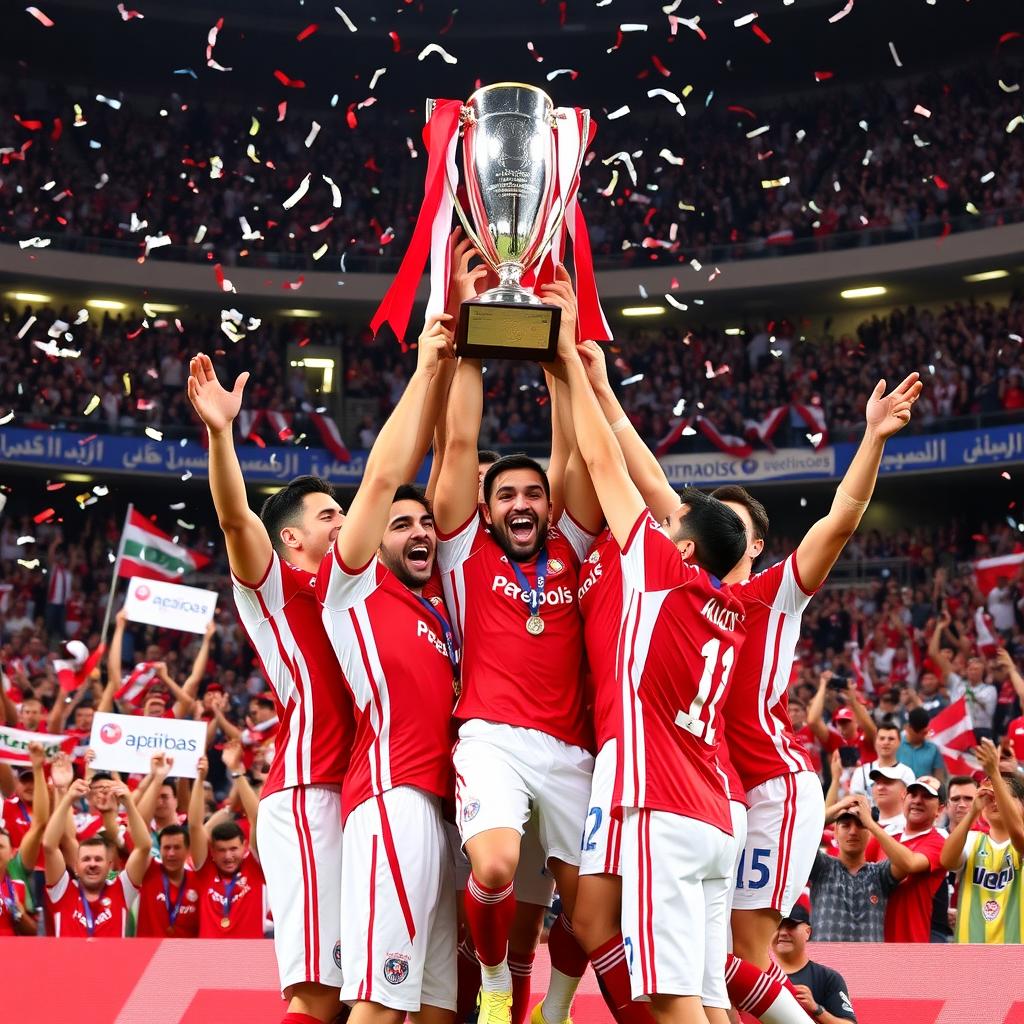 A grand, celebratory scene depicting the winning team of Persepolis Football Club lifting their championship trophy high in the air