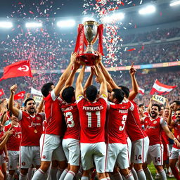 A grand, celebratory scene depicting the winning team of Persepolis Football Club lifting their championship trophy high in the air