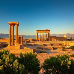 An expansive view of Persepolis, the ancient ceremonial capital of the Achaemenid Empire, featuring grand stone pillars, intricately carved reliefs, and majestic stairways leading to monumental gates
