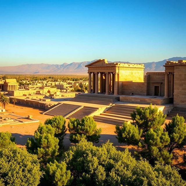 An expansive view of Persepolis, the ancient ceremonial capital of the Achaemenid Empire, featuring grand stone pillars, intricately carved reliefs, and majestic stairways leading to monumental gates