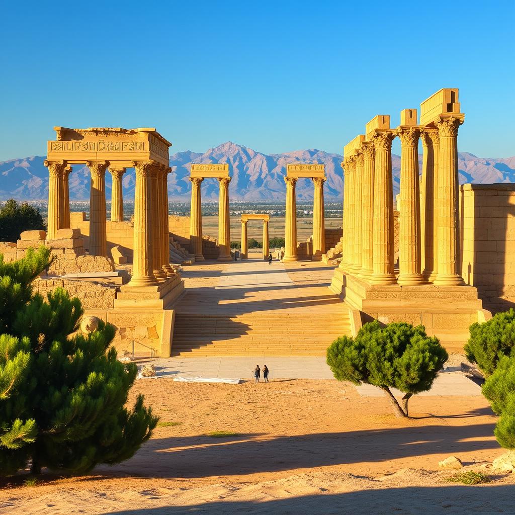 An expansive view of Persepolis, the ancient ceremonial capital of the Achaemenid Empire, featuring grand stone pillars, intricately carved reliefs, and majestic stairways leading to monumental gates