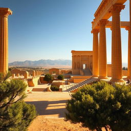 An expansive view of Persepolis, the ancient ceremonial capital of the Achaemenid Empire, featuring grand stone pillars, intricately carved reliefs, and majestic stairways leading to monumental gates