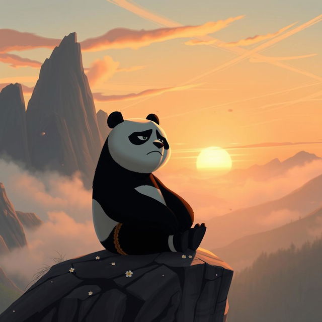 A melancholic scene featuring a sad Kung Fu Panda, Po, sitting alone on a cliff overlooking a misty valley