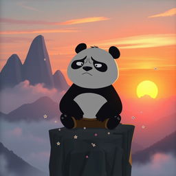 A melancholic scene featuring a sad Kung Fu Panda, Po, sitting alone on a cliff overlooking a misty valley