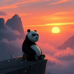 A melancholic scene featuring a sad Kung Fu Panda, Po, sitting alone on a cliff overlooking a misty valley