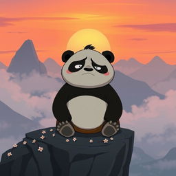 A melancholic scene featuring a sad Kung Fu Panda, Po, sitting alone on a cliff overlooking a misty valley
